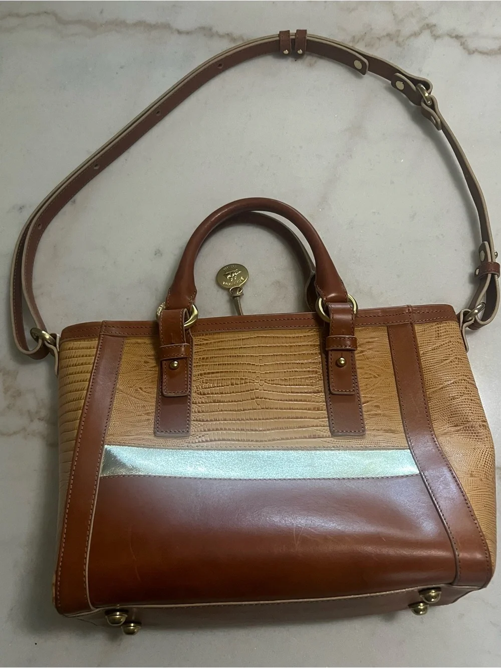 Brahmin Medium Arno Zip Top Tote Bag  Tan Beaumont With Metallic Gold Accents